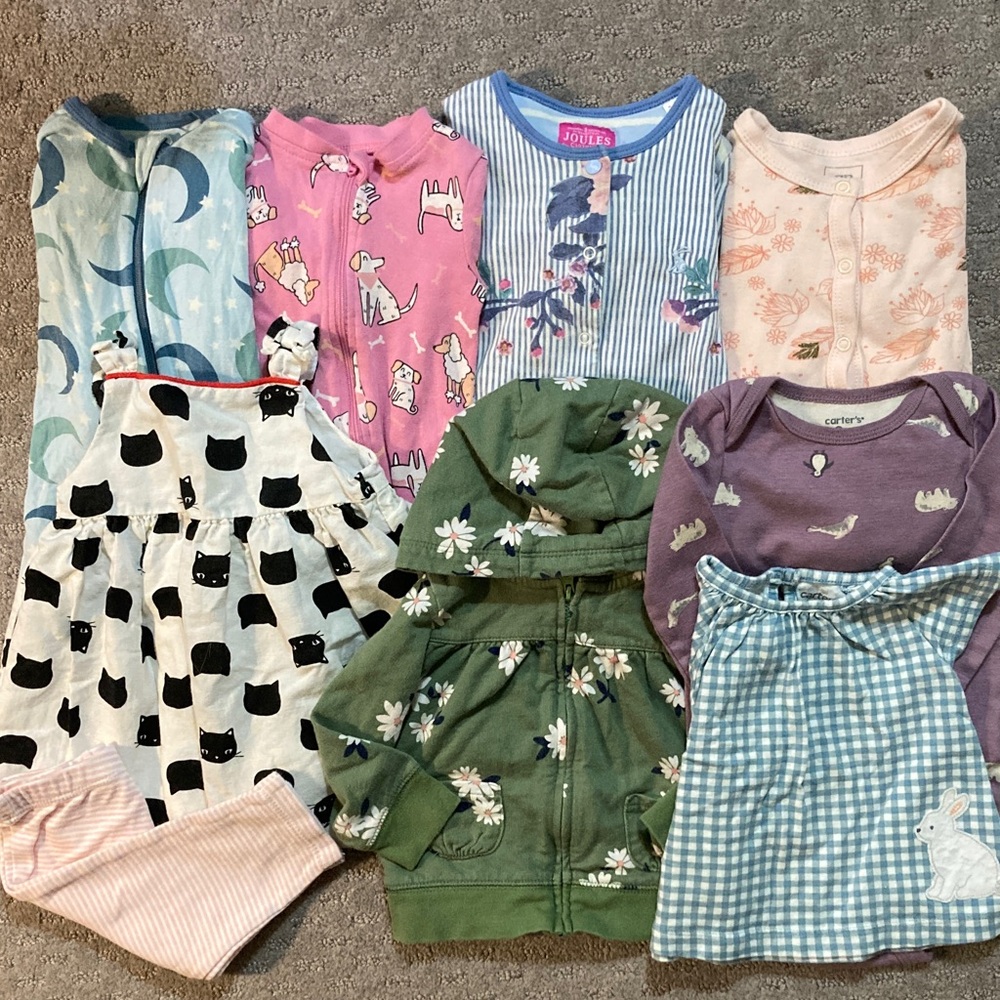 9-piece Bundle assorted baby girl clothes, ~6-12M.